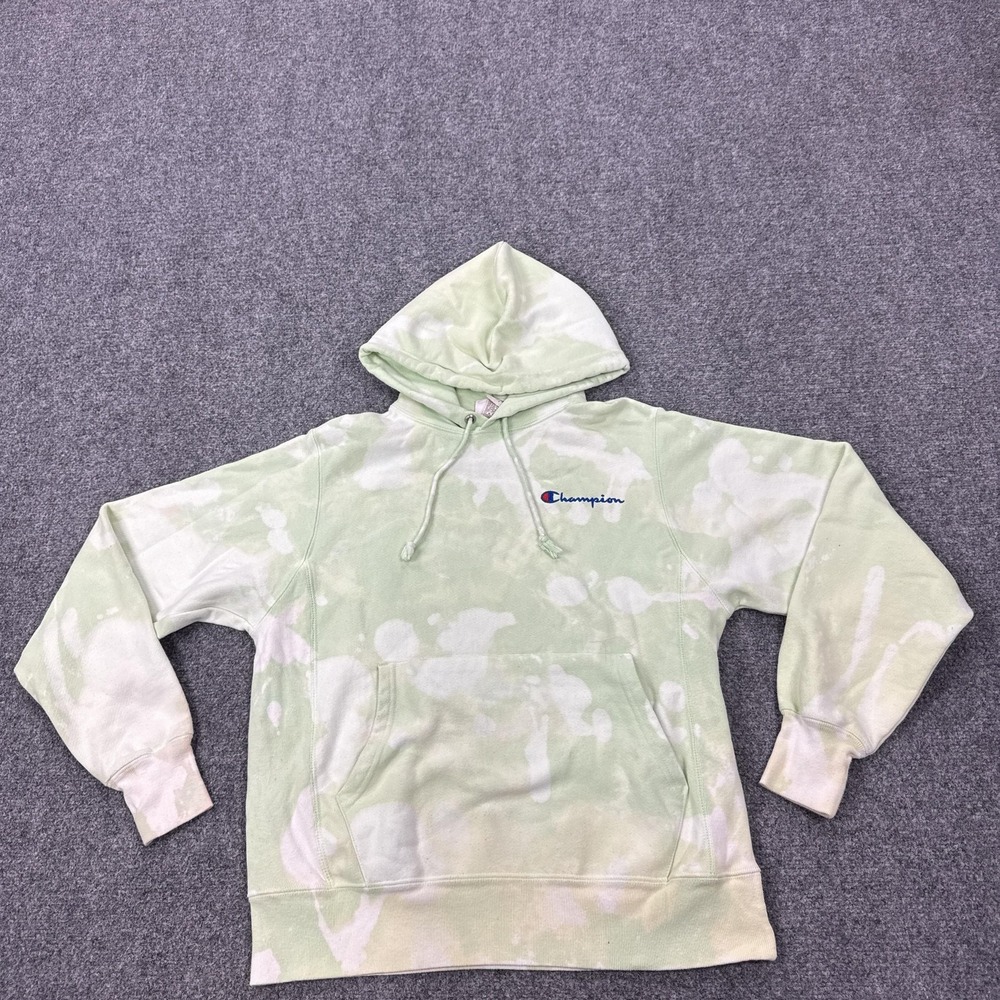 Champion Reverse Weave Hoodie Mens Small Green Bleach Dye Fleece Pullover